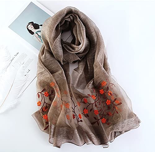 Alysee Women Lovely Silk&Wool Mixed Floral Embroidered Scarf Shawl Wrap Khaki