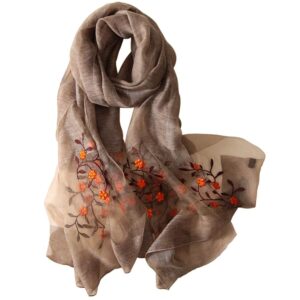 alysee women lovely silk&wool mixed floral embroidered scarf shawl wrap khaki