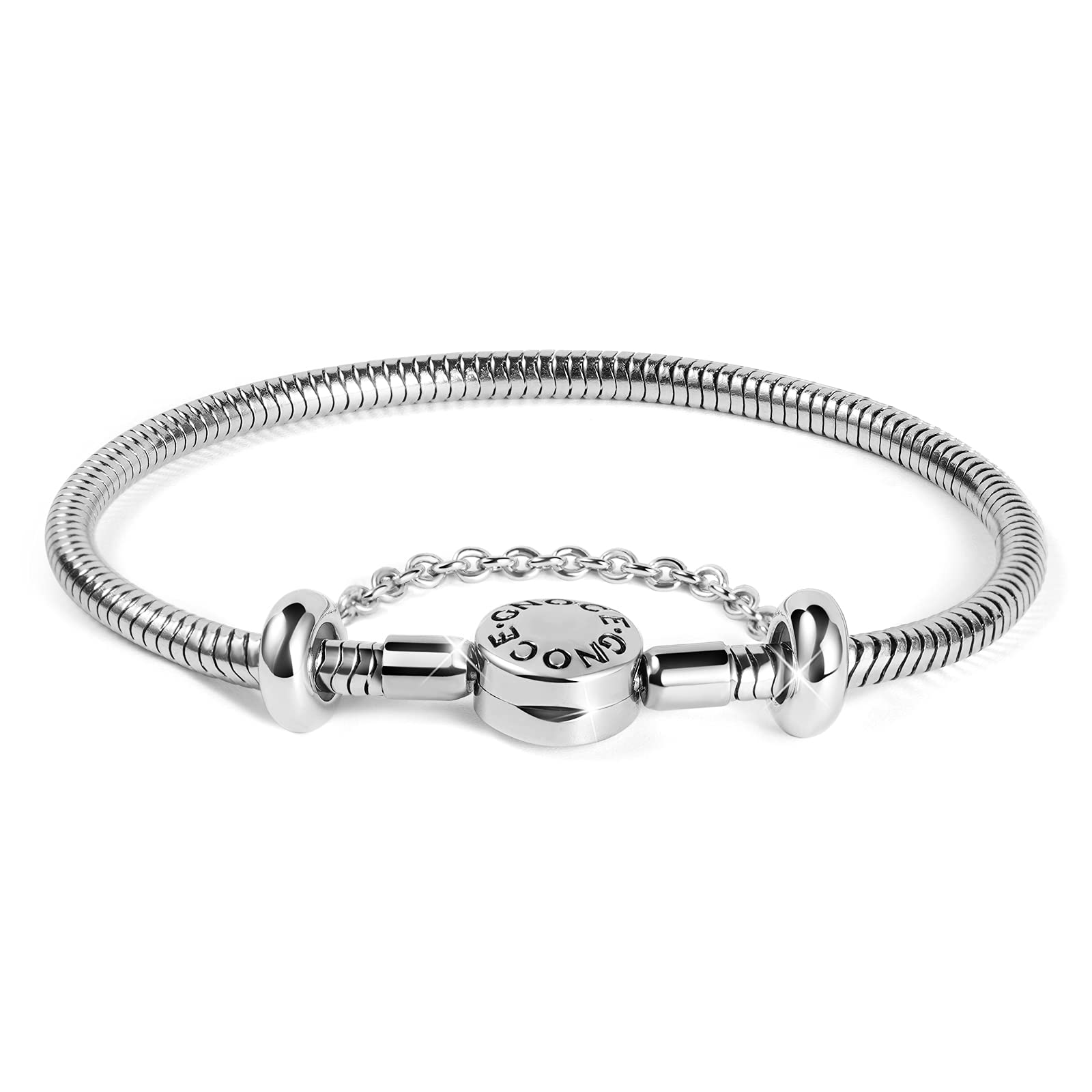 GNOCE Charm Bracelet Stainless Steel Snake Chain Metal Basic Charm Bracelet DIY Bangle with Round shaped Clasp (Stainless Steel, 8.3)