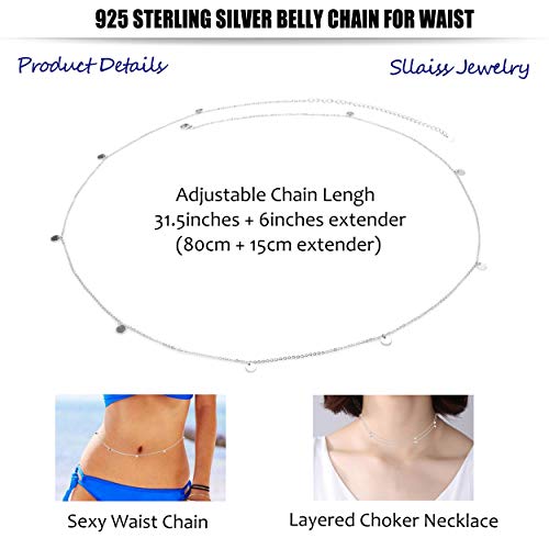 Sllaiss 925 Sterling Silver Belly Waist Chain Body Jewelry for Women Beach Bikini Belly Silver Chain Belt