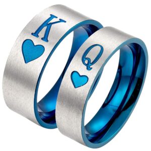 XAHH Matching Set Couple Ring King Queen Heart Titanium Steel Matte Brushed Promise Wedding Band Silver Blue Women Size 5