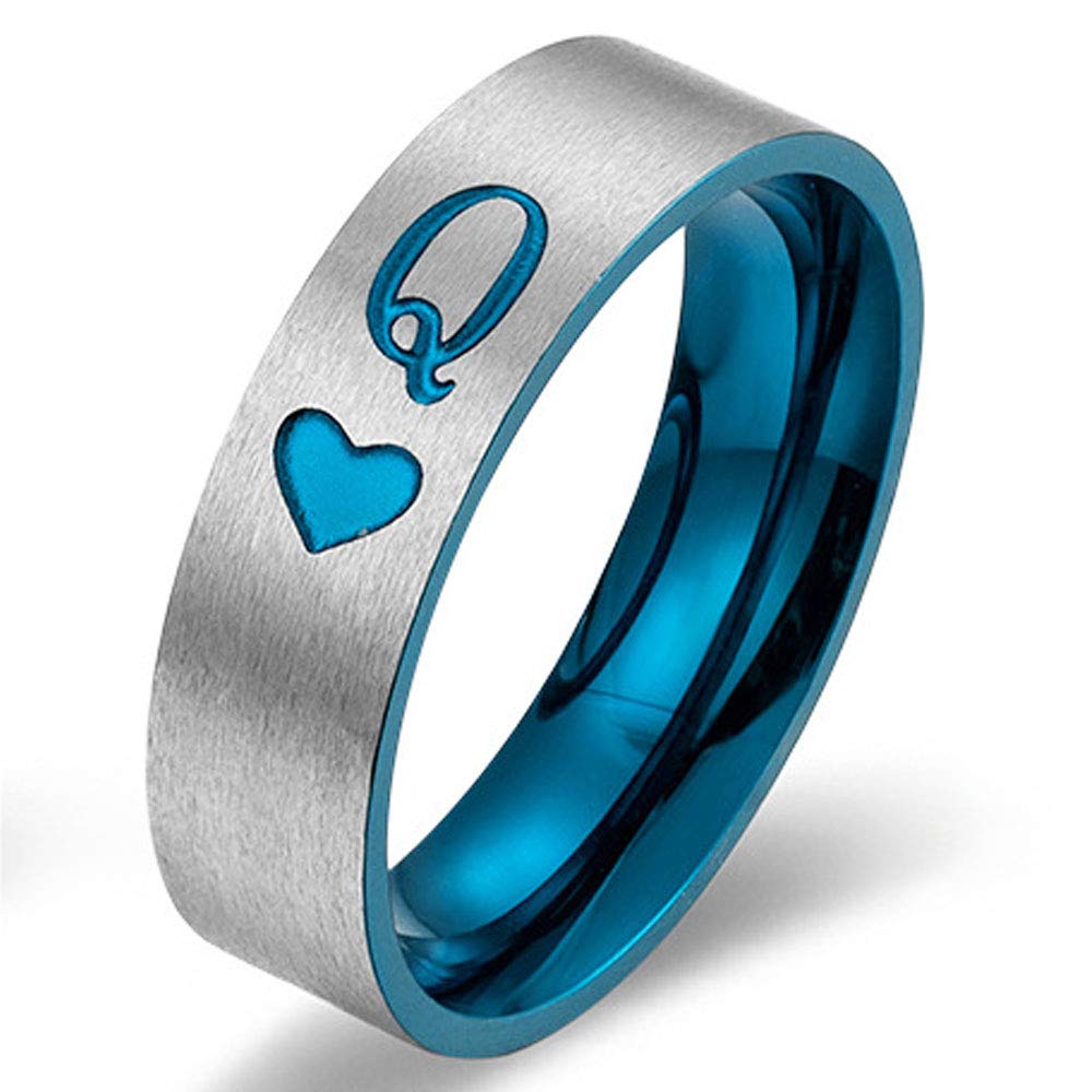 XAHH Matching Set Couple Ring King Queen Heart Titanium Steel Matte Brushed Promise Wedding Band Silver Blue Women Size 5