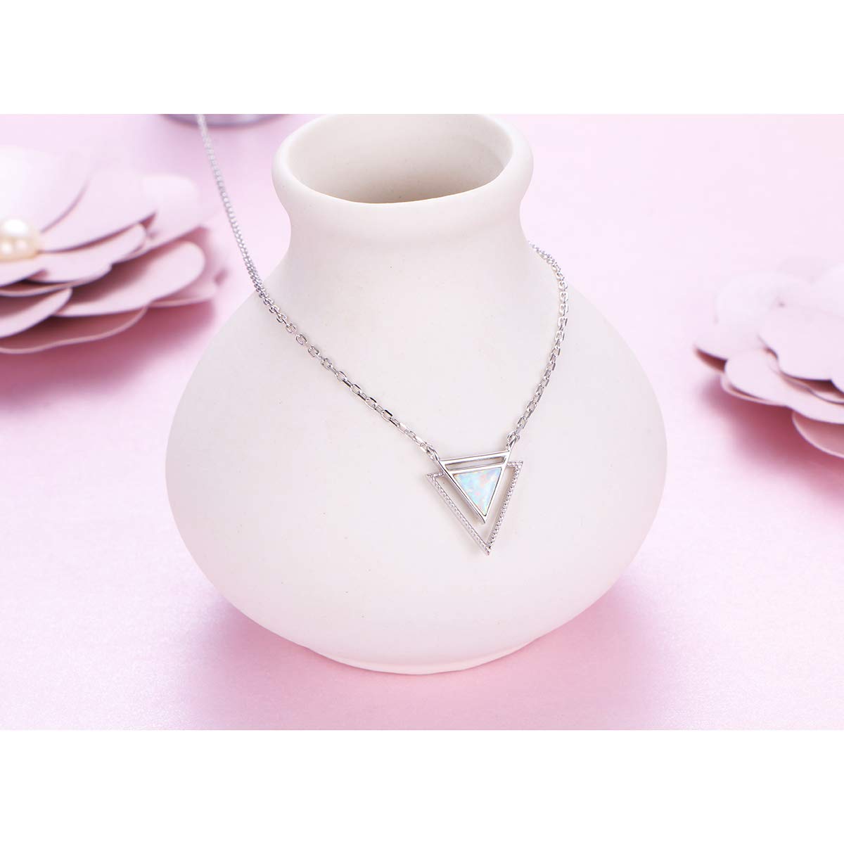 FLYOW Mother's Day Gifts Real 925 Sterling Silver Geometric Necklaces Double Power Triangle Simulated Opal Necklace Adjustable Silver Chain 15+3 Inches (Dainty Triangle)