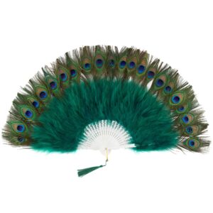 BABEYOND Roaring 20s Vintage Style Peacock & Black Marabou Feather Fan Flapper Accessories for Costume Halloween Dancing Party Tea Party Variety Show (Dark Green-White Rib)