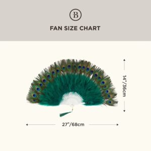 BABEYOND Roaring 20s Vintage Style Peacock & Black Marabou Feather Fan Flapper Accessories for Costume Halloween Dancing Party Tea Party Variety Show (Dark Green-White Rib)