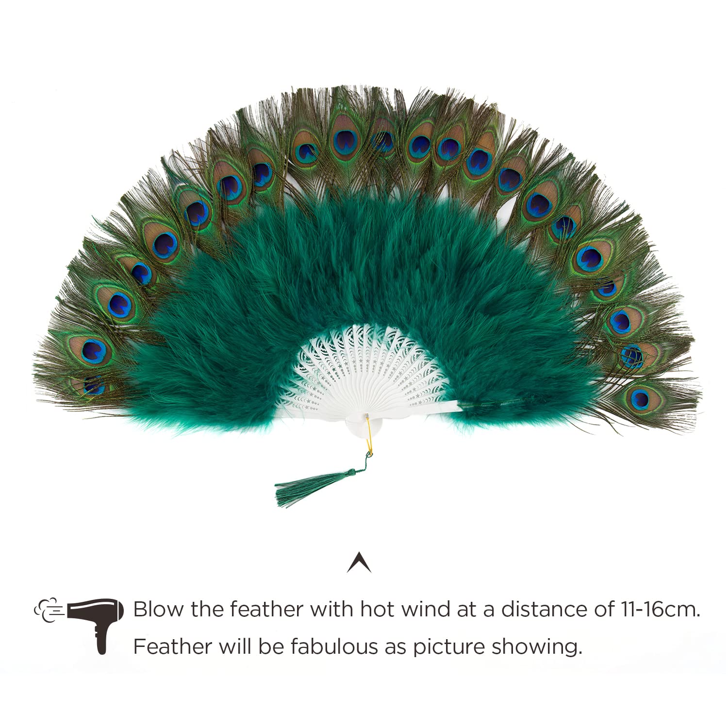 BABEYOND Roaring 20s Vintage Style Peacock & Black Marabou Feather Fan Flapper Accessories for Costume Halloween Dancing Party Tea Party Variety Show (Dark Green-White Rib)