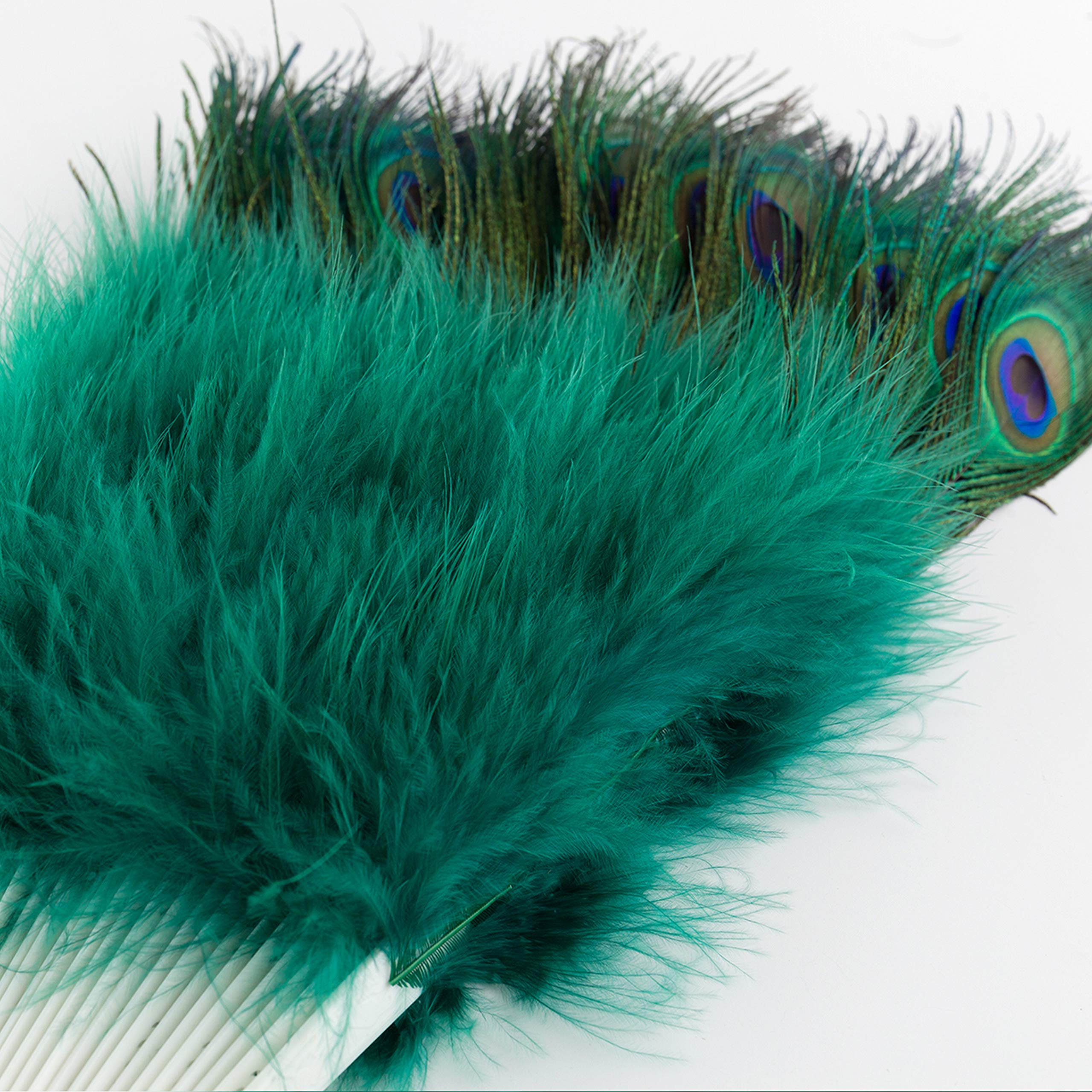 BABEYOND Roaring 20s Vintage Style Peacock & Black Marabou Feather Fan Flapper Accessories for Costume Halloween Dancing Party Tea Party Variety Show (Dark Green-White Rib)