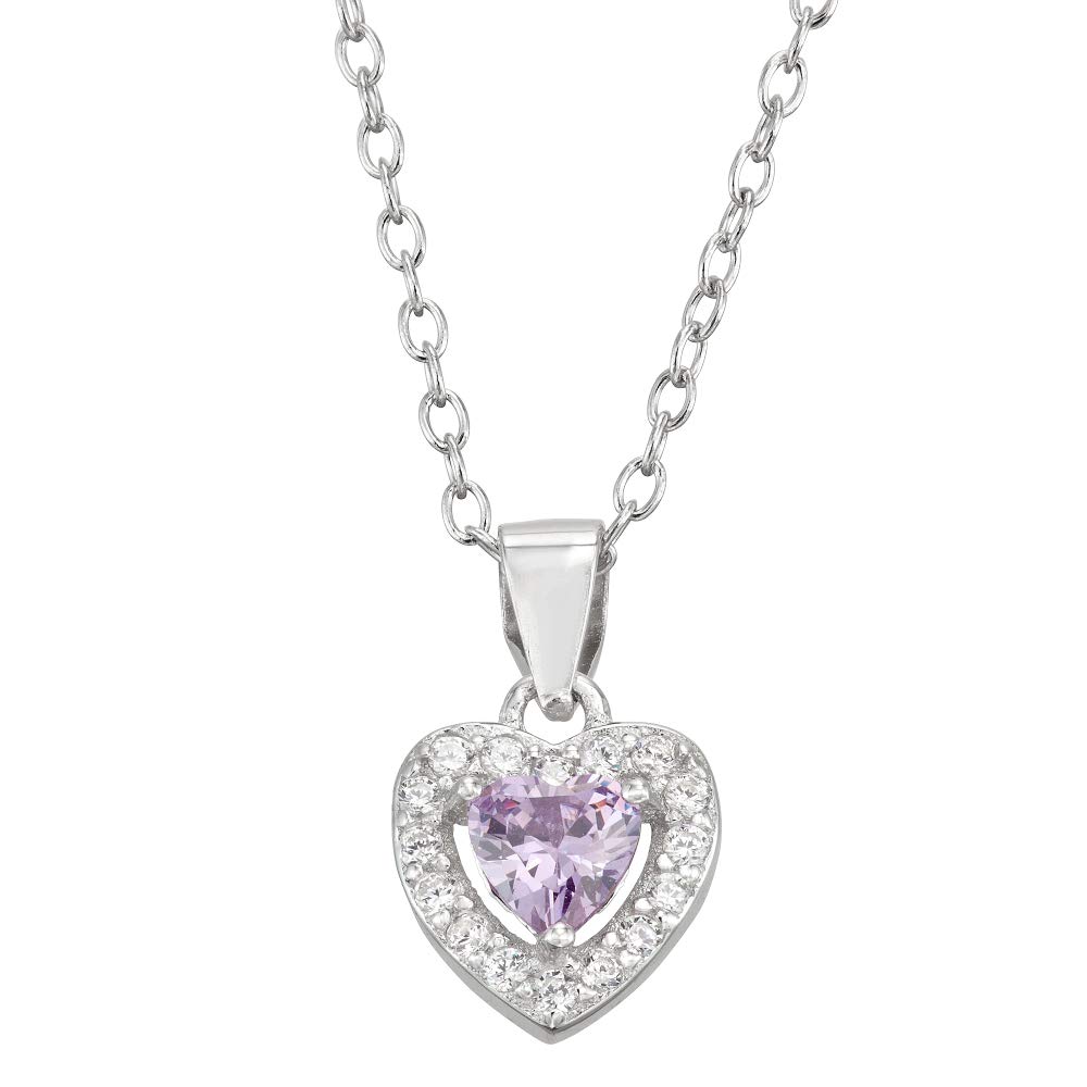 .925 Sterling Silver Dainty Cubic Zirconia CZ Created Gemstone Mini Birthstone Heart Pendant Necklace For Girls and Children