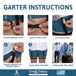 Adjustable Shirt Garters with Locking, Non-Slip Clips (2-Pairs) For Men And Women By Comfy Deluxe - Elastic Shirt Stays With Clip, Easy To Wear & Keep Shirts Tucked In, For All Types Of Shirts