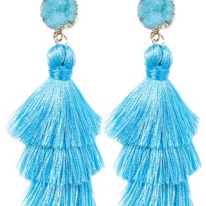 Rave Envy Colorful Tassel Earrings for Women - Light Blue Dangle Tassle 3 Tier Earrings