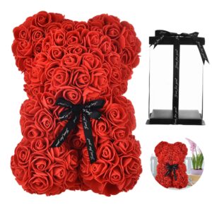 rose bear hand made teddy bear rose bear rose teddy bear - gift for mothers day, valentines day, anniversary & bridal showers weddings clear gift box 10in (red, 10 inches)