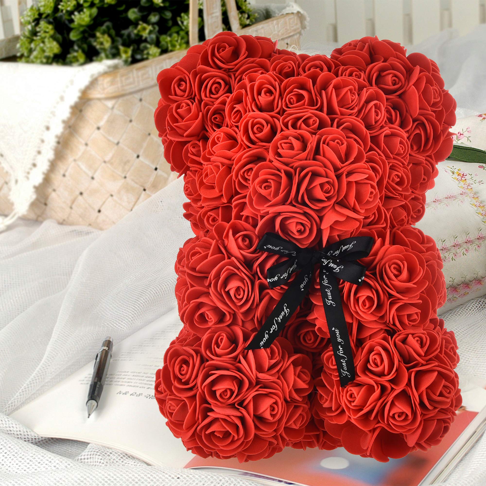 Rose Bear Hand Made Teddy Bear Rose Bear Rose Teddy Bear - Gift for Mothers Day, Valentines Day, Anniversary & Bridal Showers Weddings Clear Gift Box 10in (red, 10 inches)