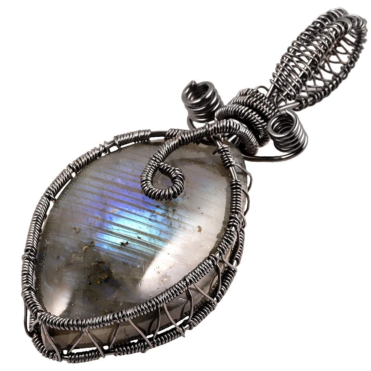 Nupuyai Natural Labradorite Necklace for Unisex, Handmade Wire Wrapped Irregular Healing Stone Pendant with Chain 19"