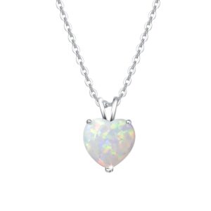 FANCIME October Birthstone Necklace Sterling Silver Created Fire Opal Heart Necklace October Birthday Gifts Fine Jewelry for Women 16+2 inch