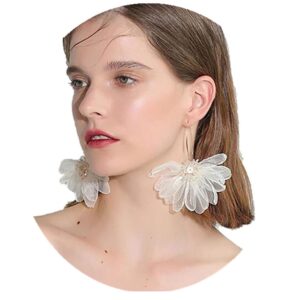 yertter women big petal drop large earrings big flowers dangle earrings with chiffon floral tassel for vacation wedding (ivory)