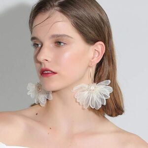 YERTTER Women Big Petal Drop Large Earrings Big Flowers Dangle Earrings with Chiffon Floral Tassel for Vacation Wedding (Ivory)