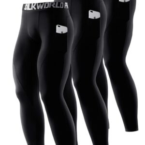 SILKWORLD Men's Compression Pants Pockets Cool Dry Gym Leggings Baselayer Running Tights (Large, Pack of 3: Black#3)