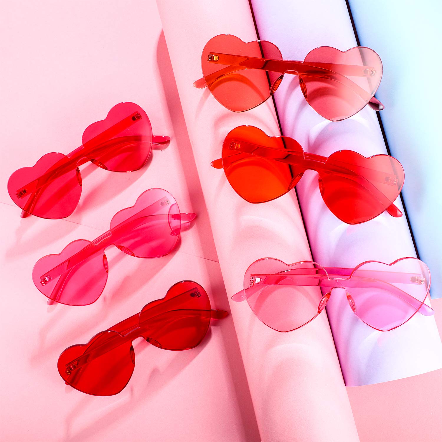 Frienda 6 Pairs Valentines Heart Sunglasses Transparent Love Glasses Tinted Eyewear Rimless Glasses (Light Pink)