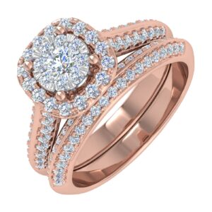 FINEROCK 3/4 Carat Halo Diamond Bridal Ring Set in 14K Rose Gold - IGI Certified (Ring Size 6)