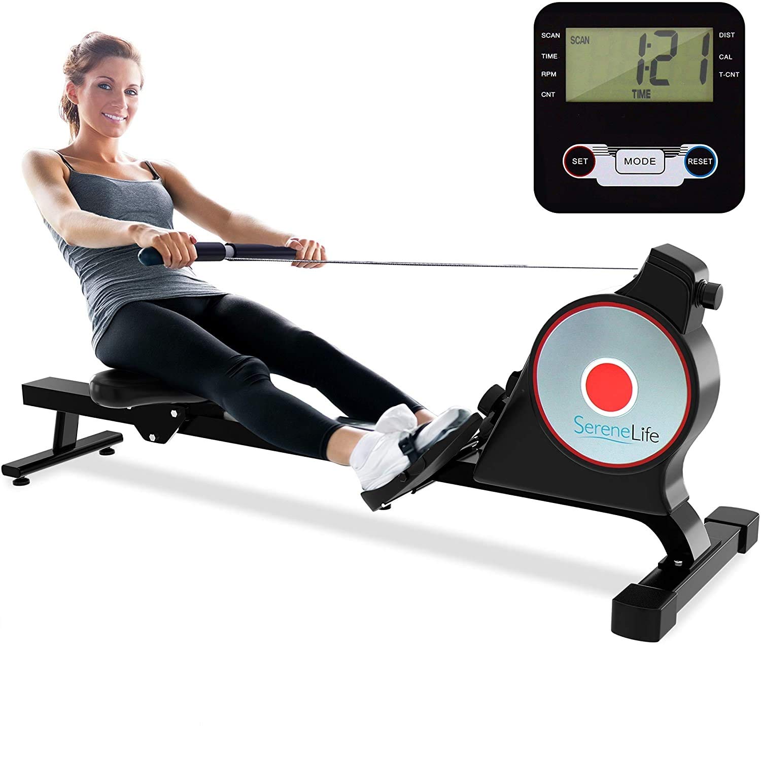 SereneLife Magnetic Rowing Machine with Bluetooth App Fitness Tracking – Foldable Home Gym Exercise Rower with Adjustable Resistant, Easy-Glide Padded Seat, Digital LCD Readout and Reinforced Cable