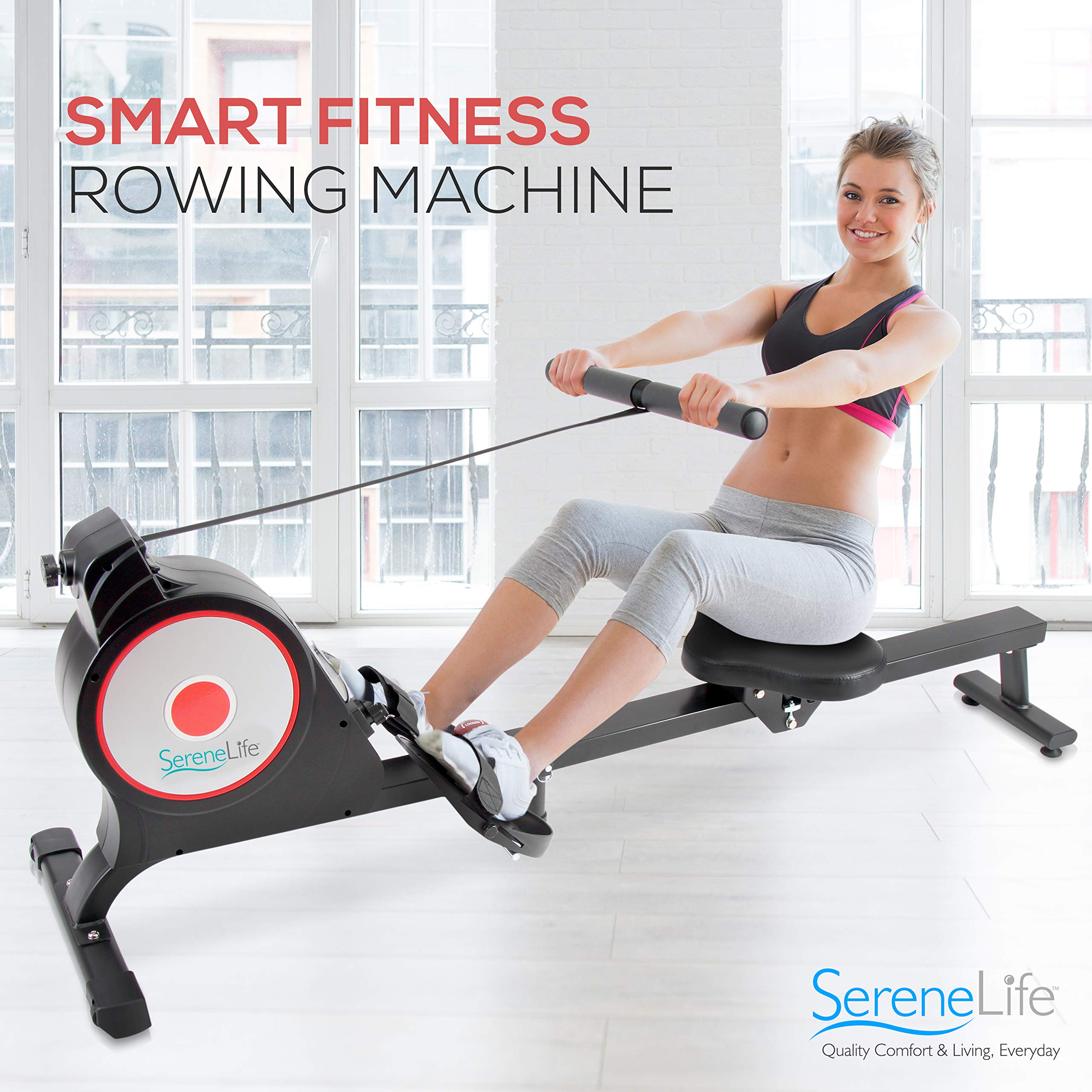 SereneLife Magnetic Rowing Machine with Bluetooth App Fitness Tracking – Foldable Home Gym Exercise Rower with Adjustable Resistant, Easy-Glide Padded Seat, Digital LCD Readout and Reinforced Cable