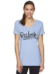 reebok womens v-neck script logo graphic t-shirt, blue, large