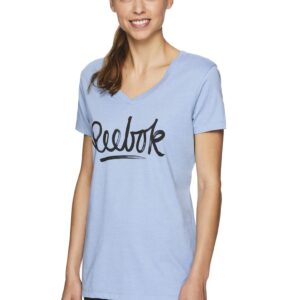 Reebok Womens V-Neck Script Logo Graphic T-Shirt, Blue, Large