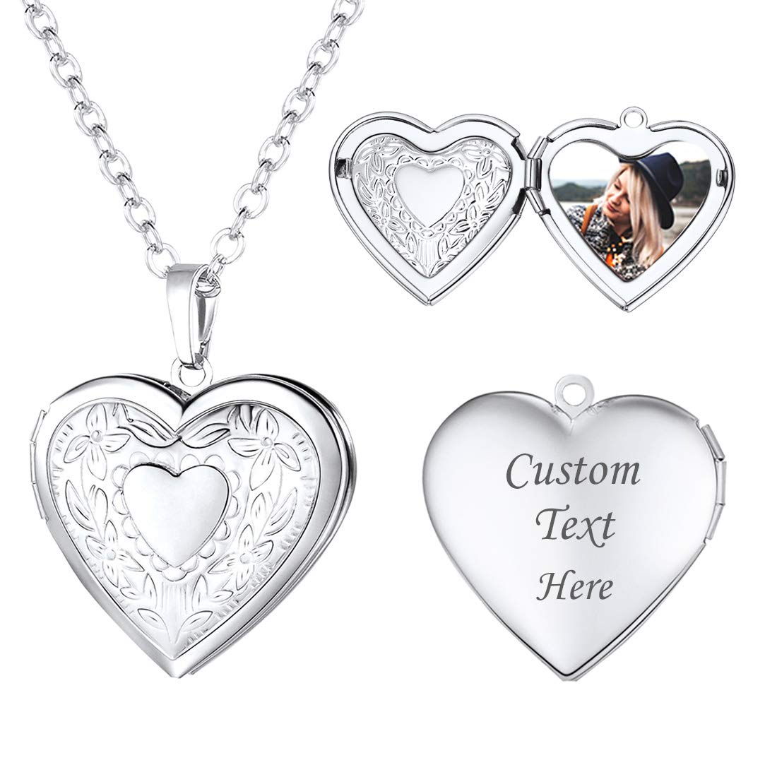 U7 Women Flower Heart Locket That Hold Memorial Photo Platinum Plated Jewelry Rolo Chain Customized Photo and Text Engrave Lockets Pendant