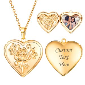 U7 Women Girls 18K Gold Plated Customized Photo and Message Engrave Romantic Flower Heart Photo Locket Necklace,Anniversary Valentines Day Gift with Box