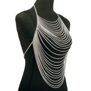 CHRAN Full Body Chain Jewelry for Women Sexy Costume Multilay Silver Metal Chain Harness