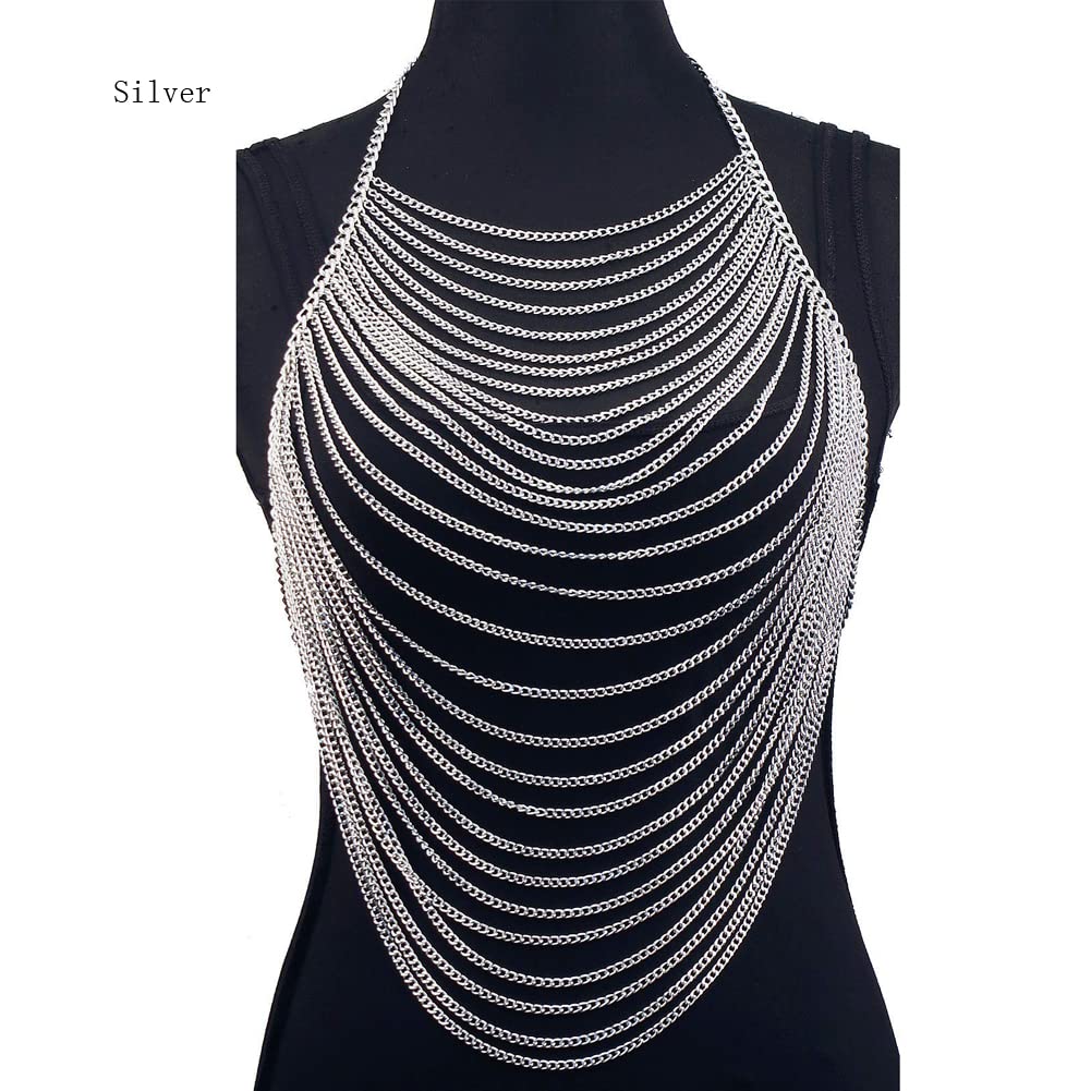 CHRAN Full Body Chain Jewelry for Women Sexy Costume Multilay Silver Metal Chain Harness