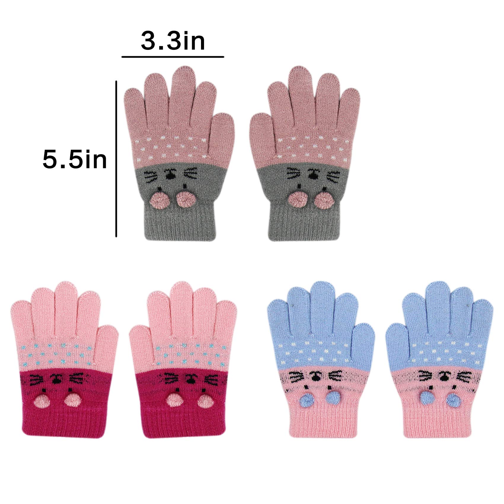 RARITYUS 3 Pairs Kids Cute Cat Warm Gloves Winter Knitted Mittens for Boys Girls Toddler 2-6 Years old