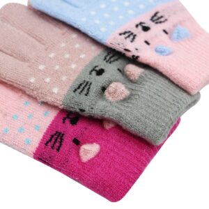 RARITYUS 3 Pairs Kids Cute Cat Warm Gloves Winter Knitted Mittens for Boys Girls Toddler 2-6 Years old