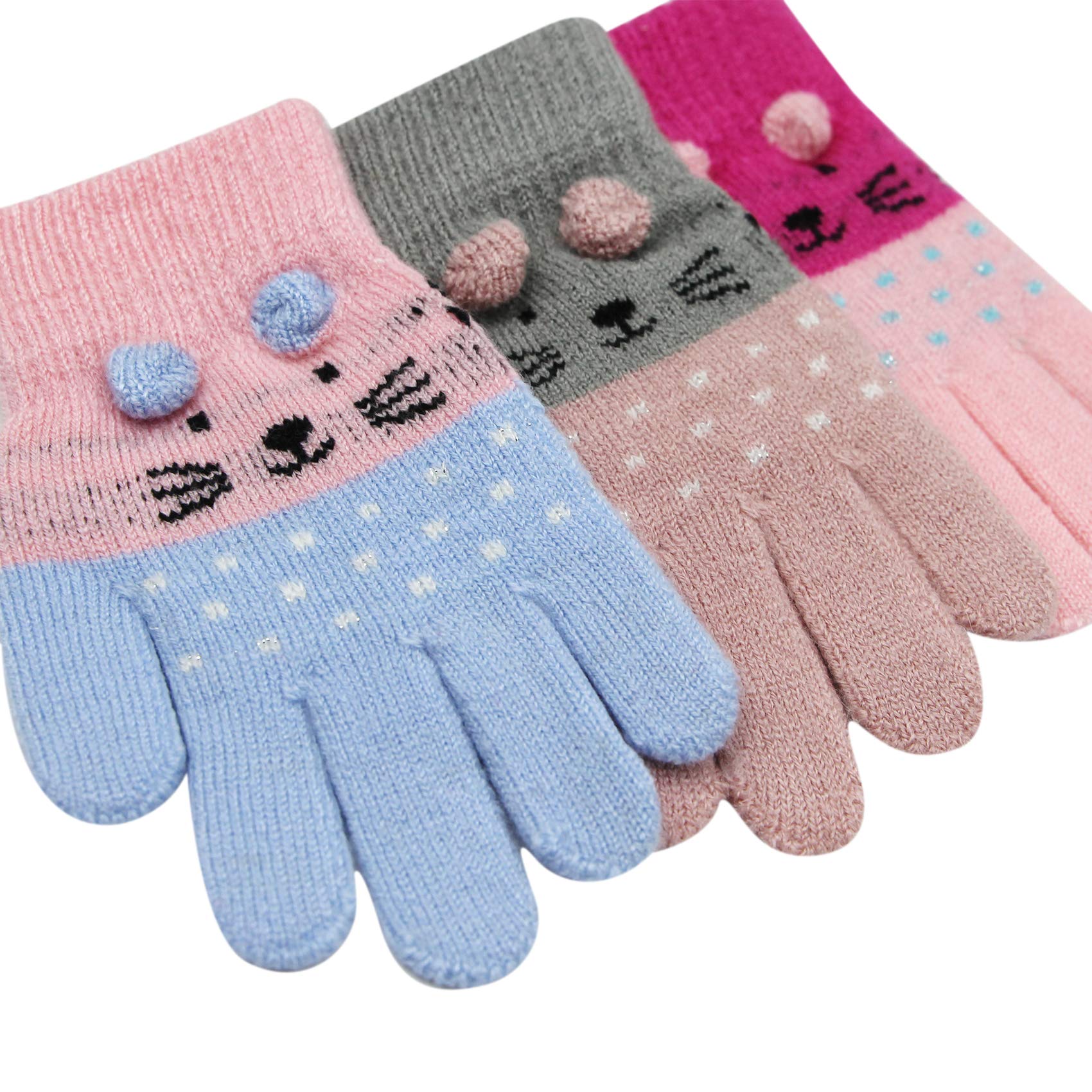 RARITYUS 3 Pairs Kids Cute Cat Warm Gloves Winter Knitted Mittens for Boys Girls Toddler 2-6 Years old