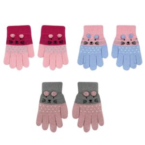 RARITYUS 3 Pairs Kids Cute Cat Warm Gloves Winter Knitted Mittens for Boys Girls Toddler 2-6 Years old