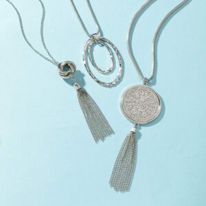 SEVENSTONE 3PCS Long Pendant Necklaces for Women Knot Disk Circle Tassel Statement Sweater Silver Necklace Set