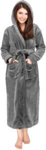 ny threads women's fleece hooded bathrobe plush long spa robe, medium, steel grey