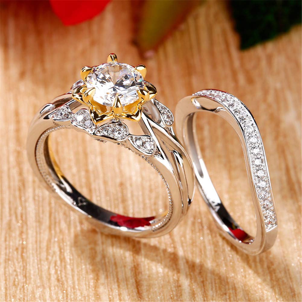 Jeulia 2 Carat Flower Engagement Ring Set for Women 14K Gold Plated Wedding Band Round Cut Cubic Zirconia Rings CZ Solitaire Engagement Rings (5)