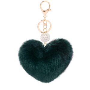 women's heart faux fur pom pom key chains bag accessory puffball keyring backpack charms for girls(dark green)