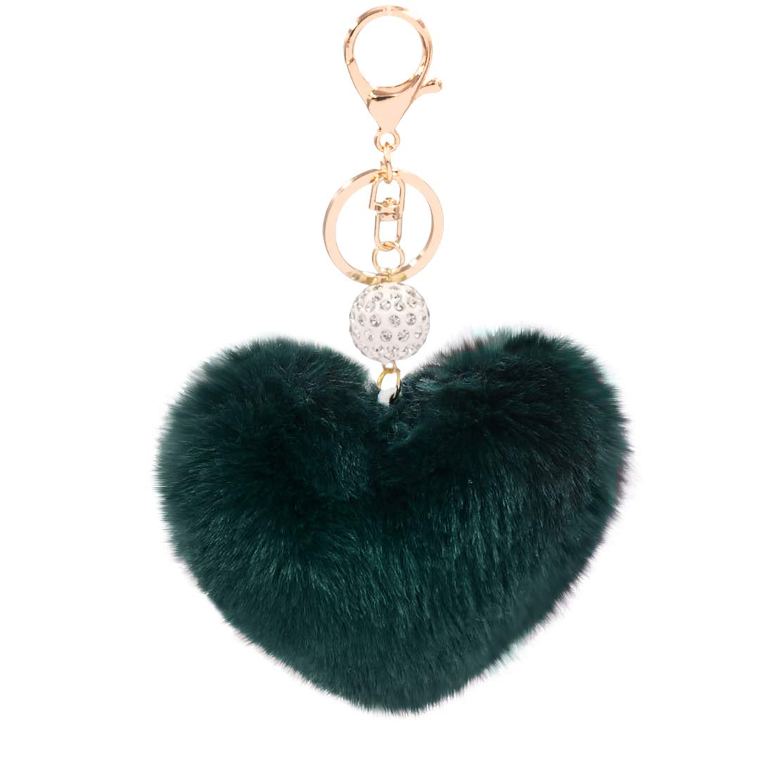 Women's Heart Faux Fur Pom Pom Key Chains Bag Accessory Puffball Keyring Backpack Charms for Girls(dark green)