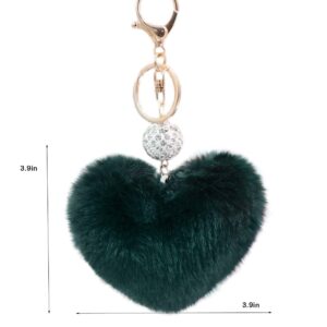 Women's Heart Faux Fur Pom Pom Key Chains Bag Accessory Puffball Keyring Backpack Charms for Girls(dark green)