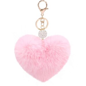 women's heart faux fur pom pom key chains bag accessory puffball keyring backpack charms for girls(pink)