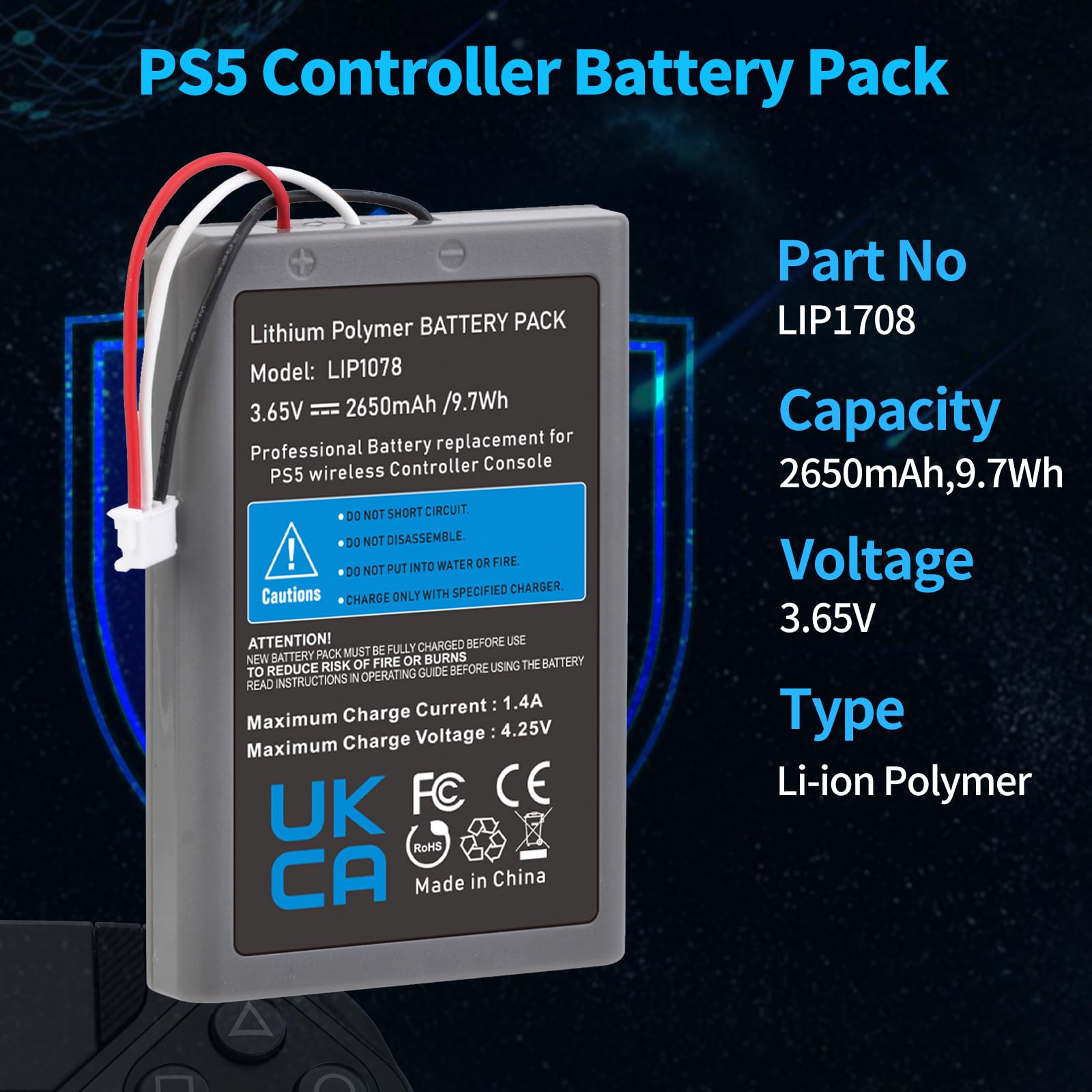 Pickle Power PS5 Controller Battery Replacement, 2650mAh LIP1708 Battery PS5 for Sony PS5 PlayStation 5 DualSense CFI-ZCT1W Wireless Controller