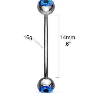 Forbidden Body Jewelry 14mm Surgical Steel Curved Barbell w/Eyeball Inlaid Ball Ends for Snake Eyes Tongue Piercing, Blue