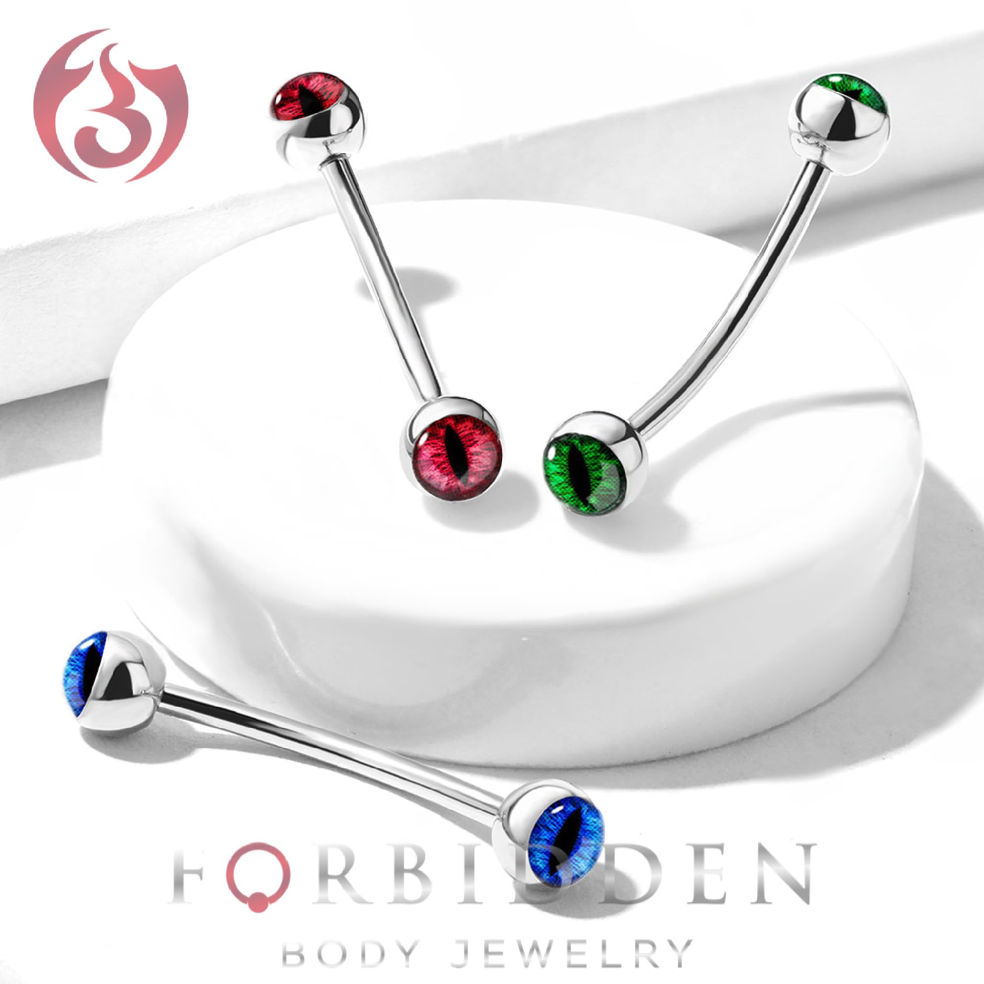 Forbidden Body Jewelry 14mm Surgical Steel Curved Barbell w/Snake Eye Inlaid Ball Ends for Snake Eyes Tongue Piercing, Blue