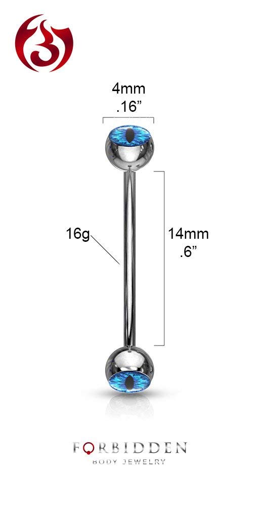 Forbidden Body Jewelry 14mm Surgical Steel Curved Barbell w/Snake Eye Inlaid Ball Ends for Snake Eyes Tongue Piercing, Blue