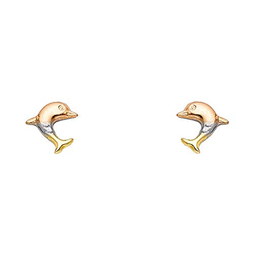 14k REAL Tri Color Gold Dolphin Stud Earrings with Screw Back