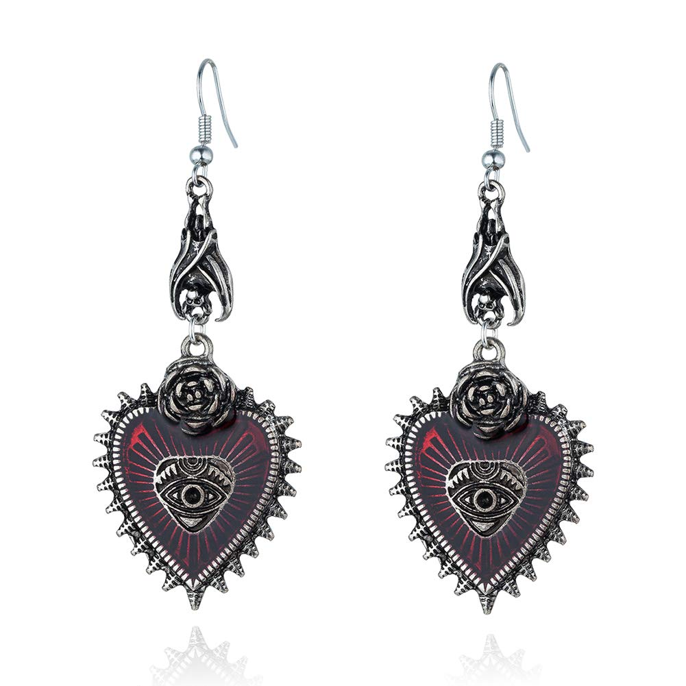 Punk Rock Bat Gothic Evil Eye Red Heart Earrings for Women Halloween Cosplay