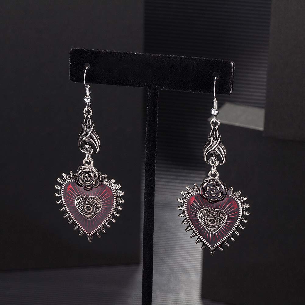 Punk Rock Bat Gothic Evil Eye Red Heart Earrings for Women Halloween Cosplay