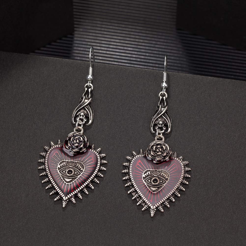 Punk Rock Bat Gothic Evil Eye Red Heart Earrings for Women Halloween Cosplay